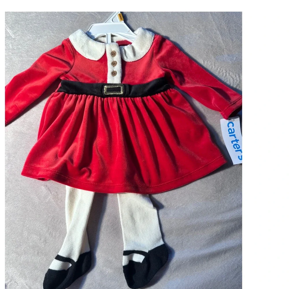 Carters Newborn Red Velour Santa Christmas Dress Set with Tights 1T578910